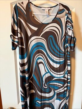 Woman Within Blue, Brown & White Swirl Tunic Top